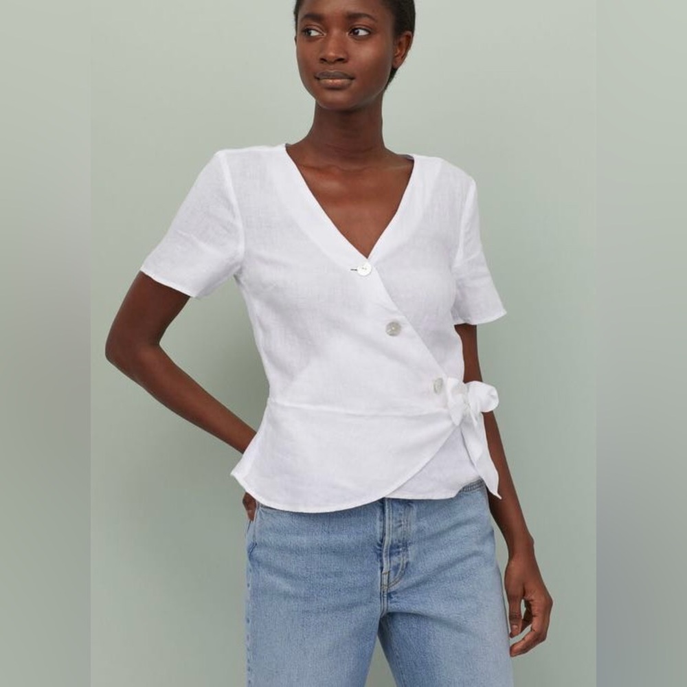 H&M White Short-Sleeve Wrap Blouse with Side Tie - Picture 5 of 6
